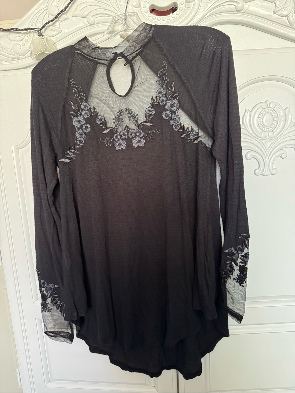 Free People Black Long-Sleeve Embroidered Mesh Tee